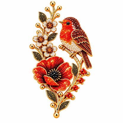 🐦🌸Robin & Poppy Crystal‑Encrusted Vintage Brooch 🐦🌸