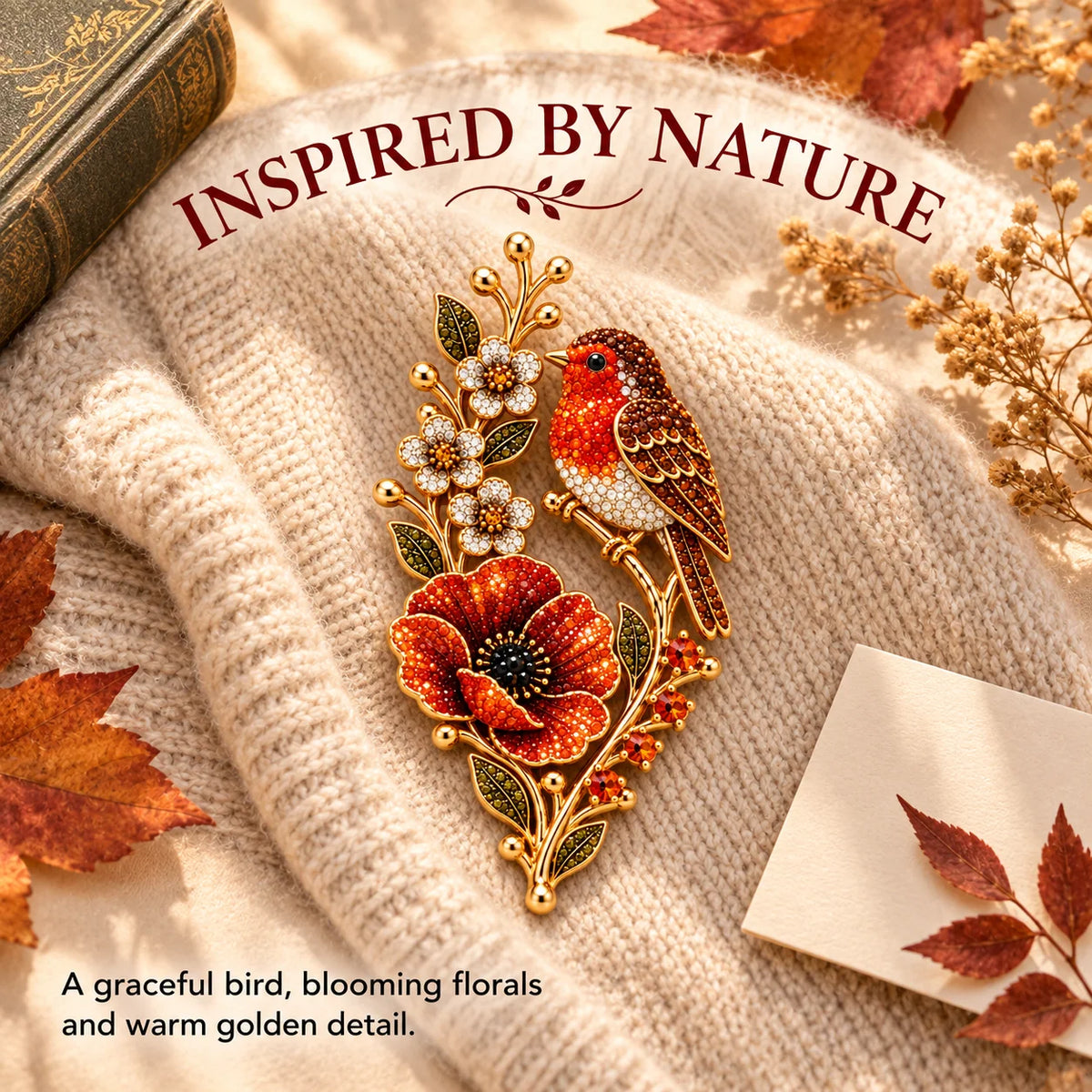 🐦🌸Robin & Poppy Crystal‑Encrusted Vintage Brooch 🐦🌸
