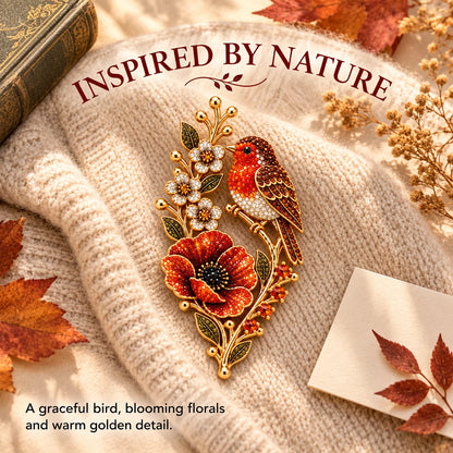 🐦🌸Robin & Poppy Crystal‑Encrusted Vintage Brooch 🐦🌸