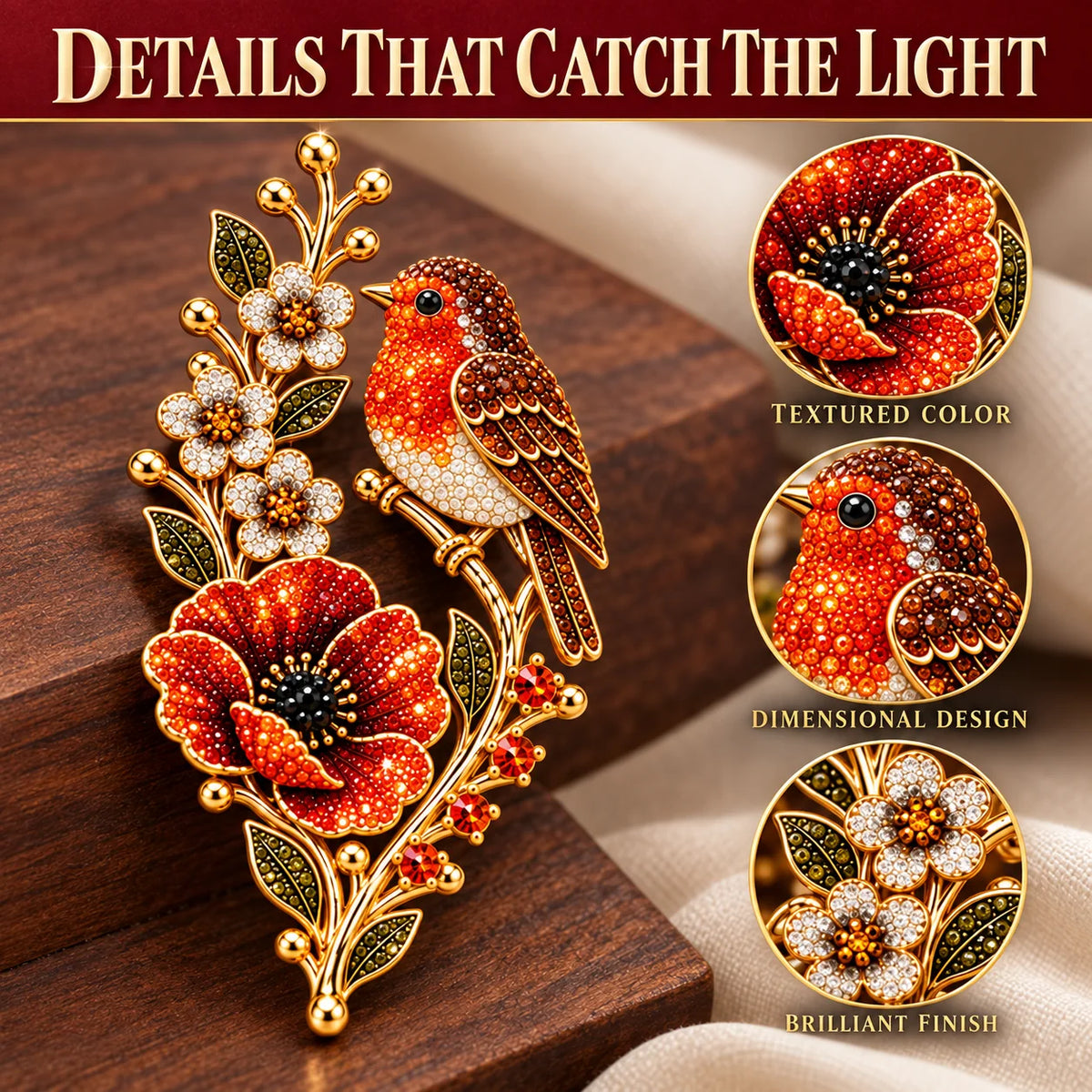 🐦🌸Robin & Poppy Crystal‑Encrusted Vintage Brooch 🐦🌸